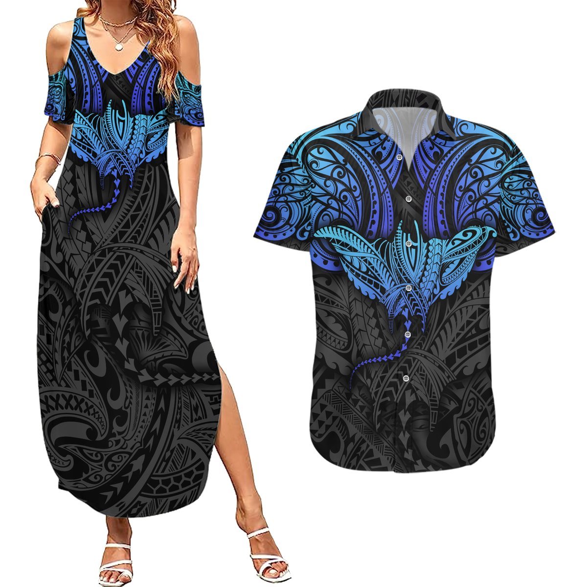 Polynesian Ray Pattern Couples Matching Summer Maxi Dress and Hawaiian Shirt TS04 Black Blue - Polynesian Pride