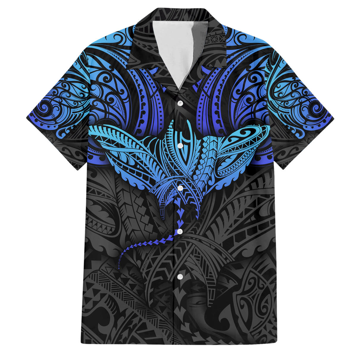 Polynesian Ray Pattern Family Matching Short Sleeve Bodycon Dress and Hawaiian Shirt TS04 Dad's Shirt - Short Sleeve Black Blue - Polynesian Pride