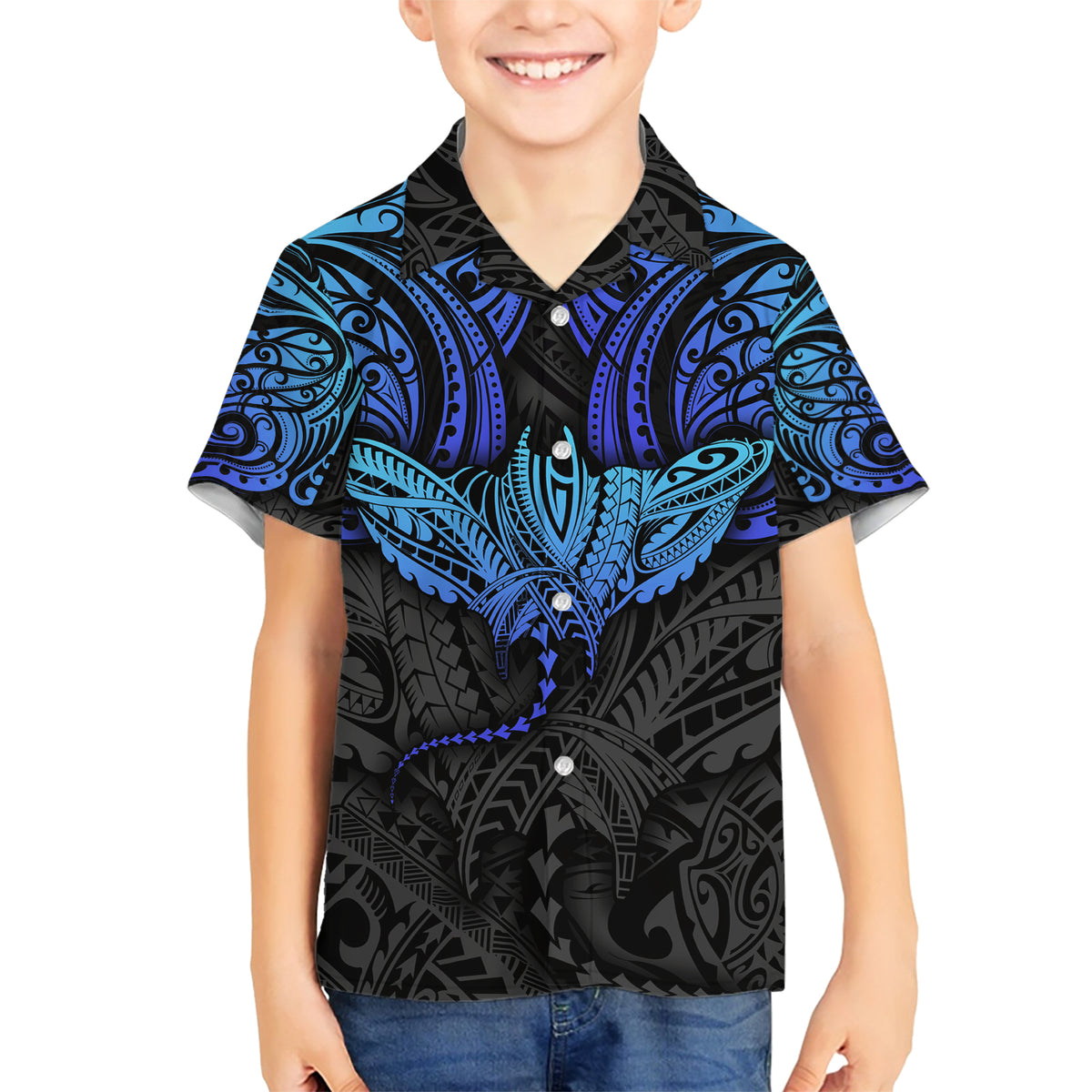 Polynesian Ray Pattern Family Matching Short Sleeve Bodycon Dress and Hawaiian Shirt TS04 Son's Shirt Black Blue - Polynesian Pride