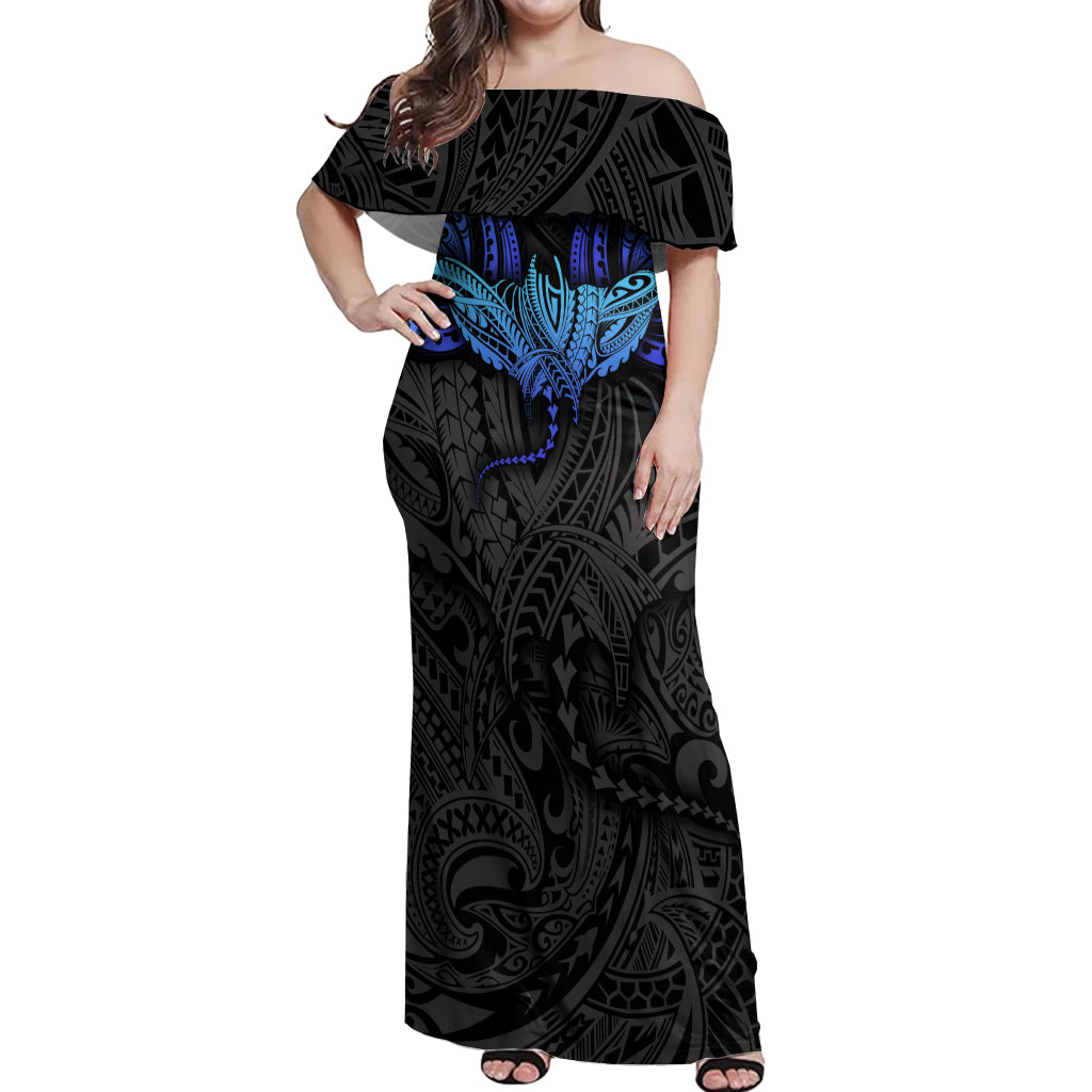 Polynesian Ray Pattern Off Shoulder Maxi Dress TS04 Women Black/Blue - Polynesian Pride