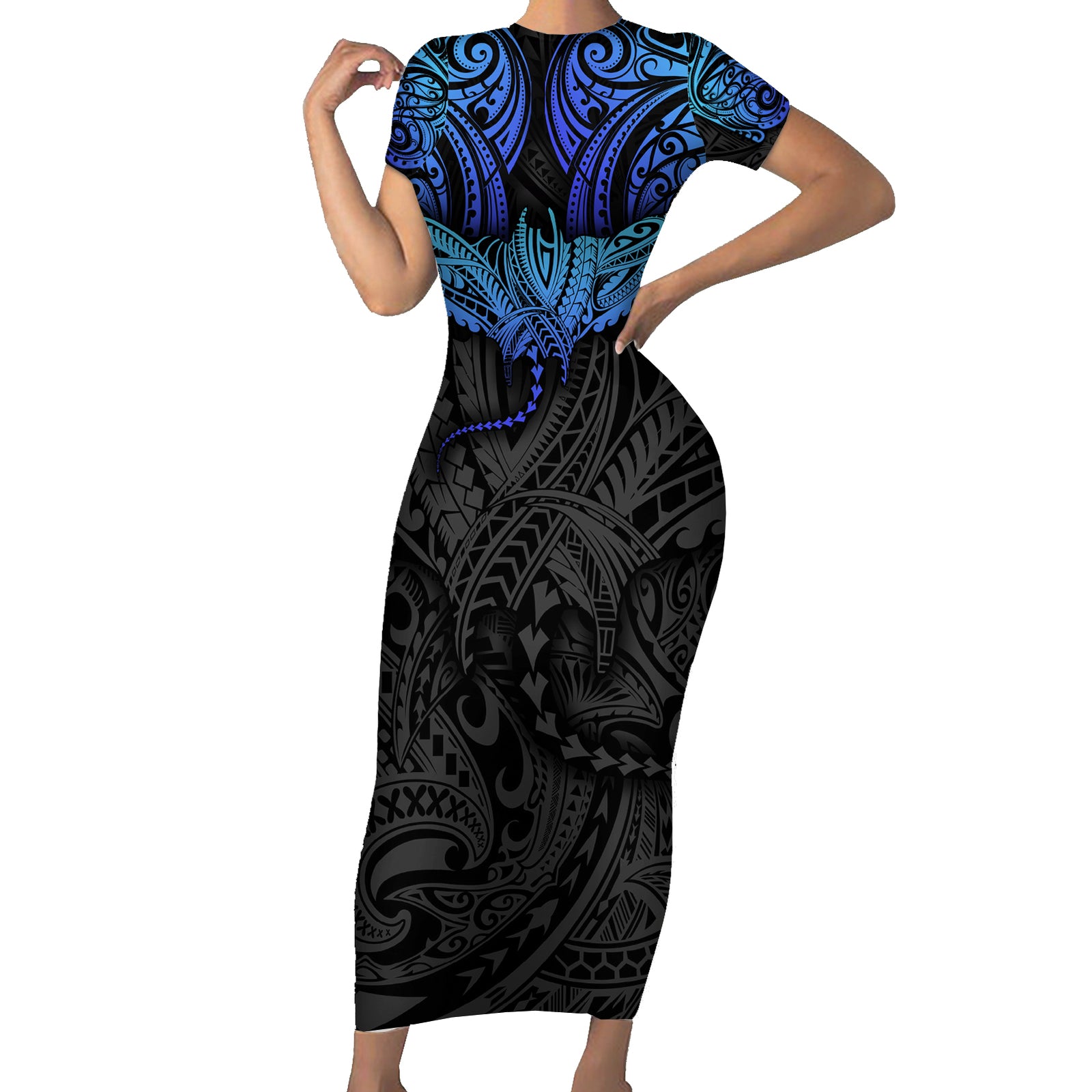 Polynesian Ray Pattern Short Sleeve Bodycon Dress TS04 Long Dress Black Blue - Polynesian Pride