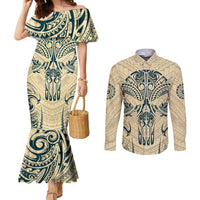 Polynesian Couples Matching Mermaid Dress and Long Sleeve Button Shirts Warrior Skull with Tribal Patterns Tattoo Design TS04 Yellow - Polynesian Pride