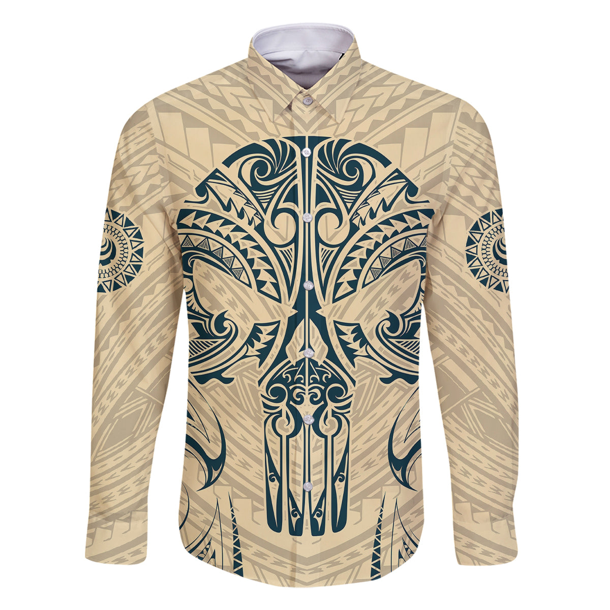 Polynesian Family Matching Off Shoulder Long Sleeve Dress and Hawaiian Shirt Warrior Skull with Tribal Patterns Tattoo Design TS04 Dad's Shirt - Long Sleeve Yellow - Polynesian Pride