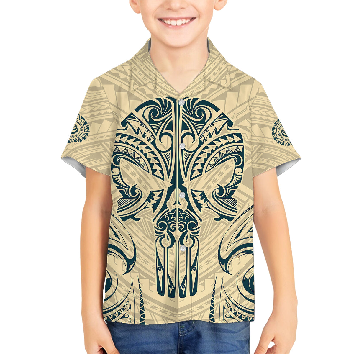 Polynesian Family Matching Off Shoulder Maxi Dress and Hawaiian Shirt Warrior Skull with Tribal Patterns Tattoo Design TS04 Son's Shirt Yellow - Polynesian Pride