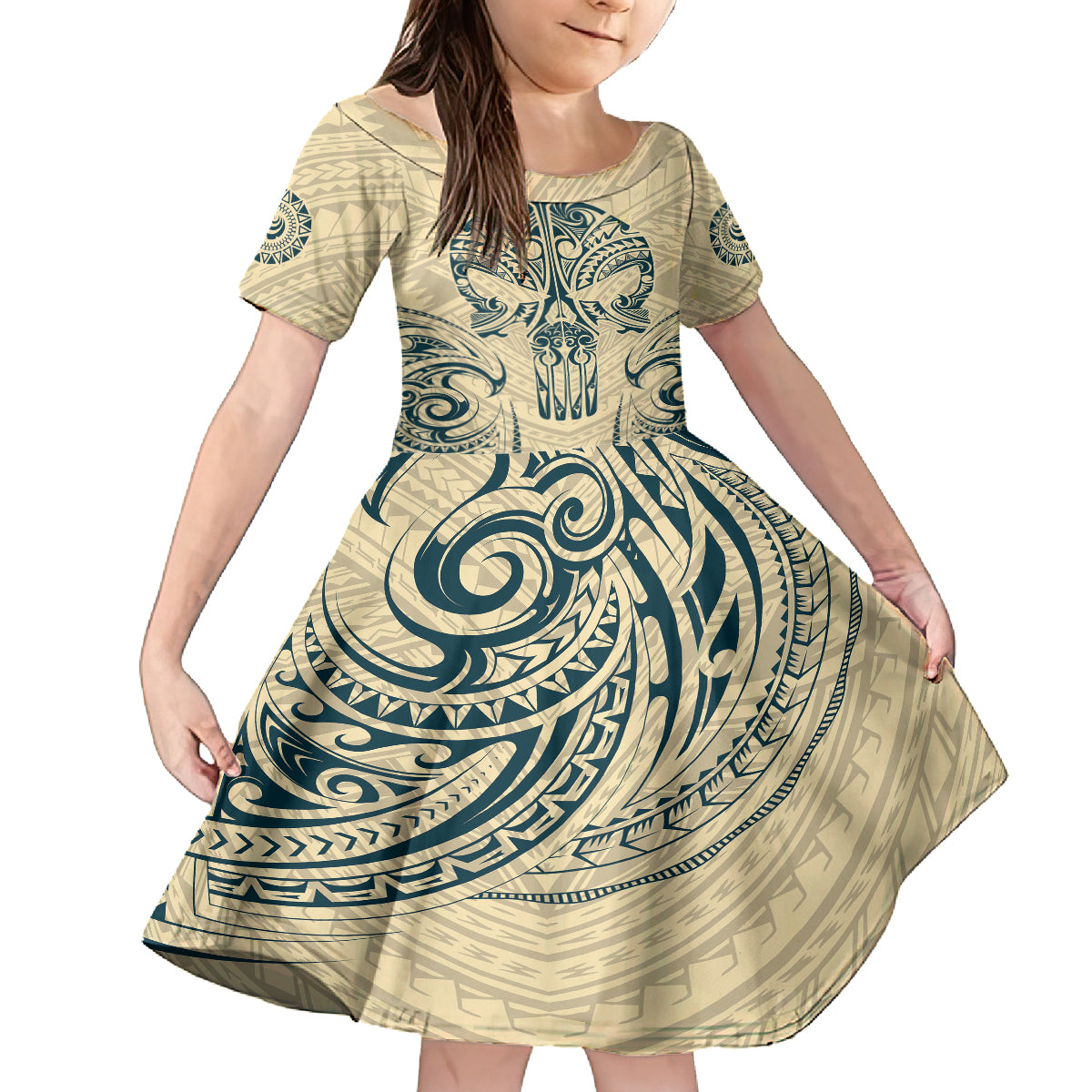 Polynesian Family Matching Off Shoulder Short Dress and Hawaiian Shirt Warrior Skull with Tribal Patterns Tattoo Design TS04 Daughter's Dress Yellow - Polynesian Pride