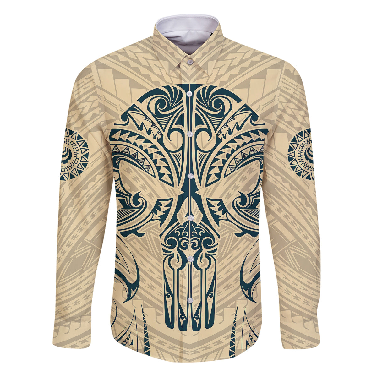 Polynesian Family Matching Puletasi Dress and Hawaiian Shirt Warrior Skull with Tribal Patterns Tattoo Design TS04 Dad's Shirt - Long Sleeve Yellow - Polynesian Pride