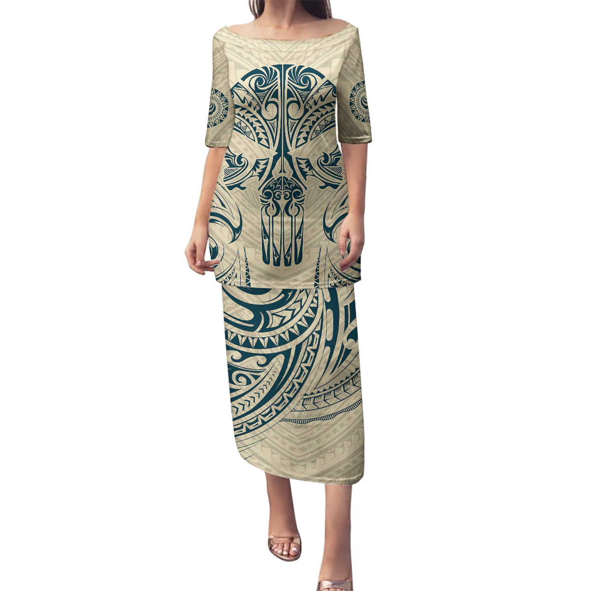 Polynesian Family Matching Puletasi Dress and Hawaiian Shirt Warrior Skull with Tribal Patterns Tattoo Design TS04 Mom's Dress Yellow - Polynesian Pride