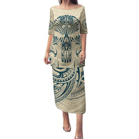 Polynesian Family Matching Puletasi Dress and Hawaiian Shirt Warrior Skull with Tribal Patterns Tattoo Design TS04 Mom's Dress Yellow - Polynesian Pride