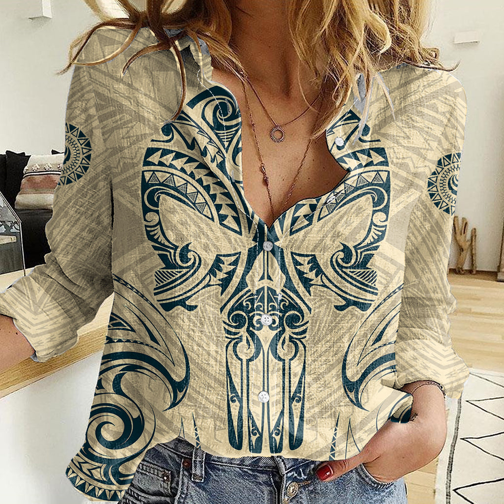 Polynesian Women Casual Shirt Warrior Skull with Tribal Patterns Tattoo Design TS04 Female Yellow - Polynesian Pride