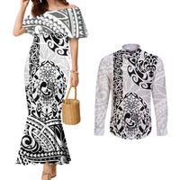 Hawaii Couples Matching Mermaid Dress and Long Sleeve Button Shirts with Polynesian Turtle TS04 Black/White - Polynesian Pride