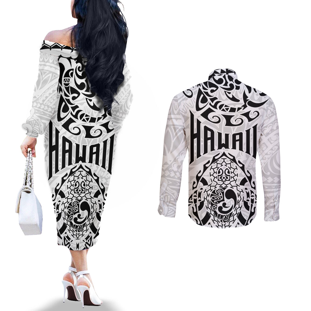 Hawaii Couples Matching Off The Shoulder Long Sleeve Dress and Long Sleeve Button Shirts with Polynesian Turtle TS04 - Polynesian Pride