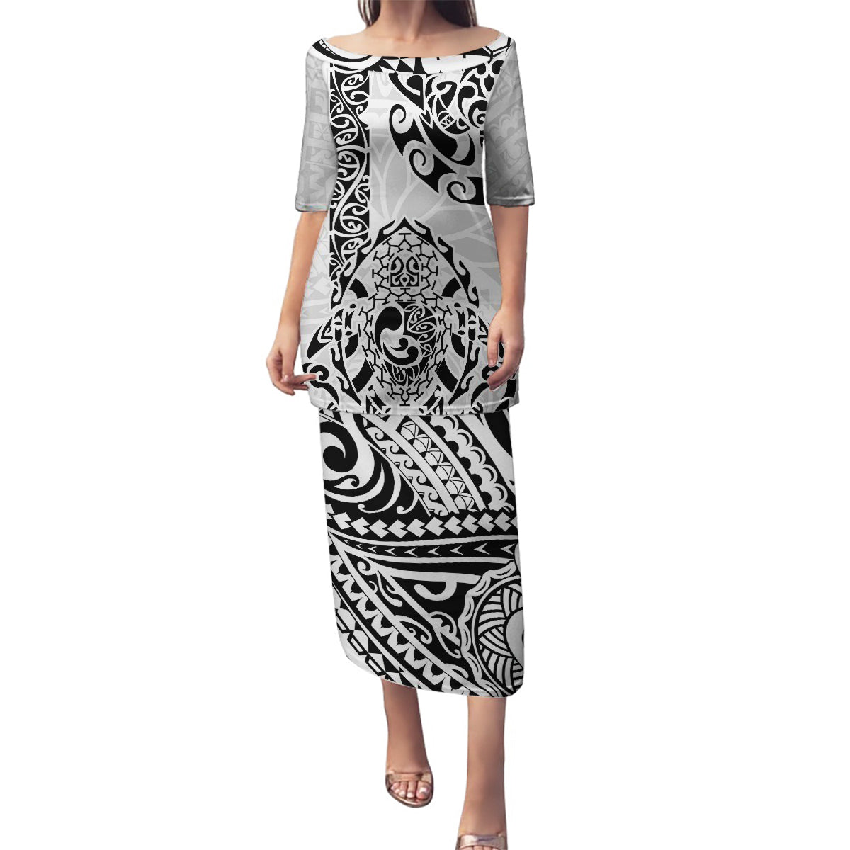 Hawaii Family Matching Puletasi Dress and Hawaiian Shirt with Polynesian Turtle TS04 Mom's Dress Black/White - Polynesian Pride
