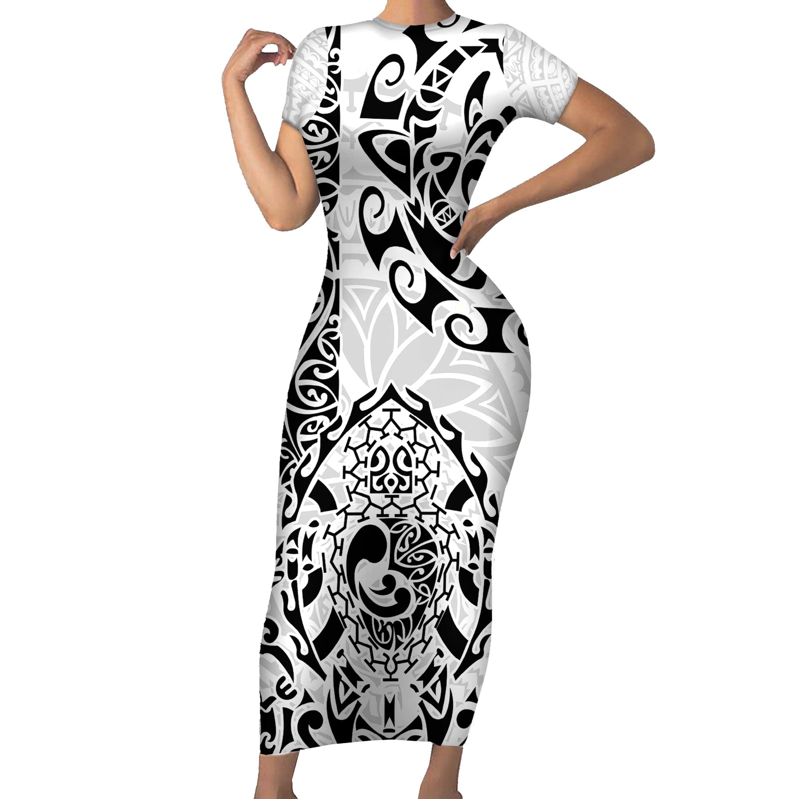 Hawaii Short Sleeve Bodycon Dress with Polynesian Turtle TS04 Long Dress Black White - Polynesian Pride