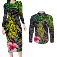 Polynesian Couples Matching Long Sleeve Bodycon Dress and Long Sleeve Button Shirts Whales and Compass Gradient Pattern TS04 Gradient - Polynesian Pride