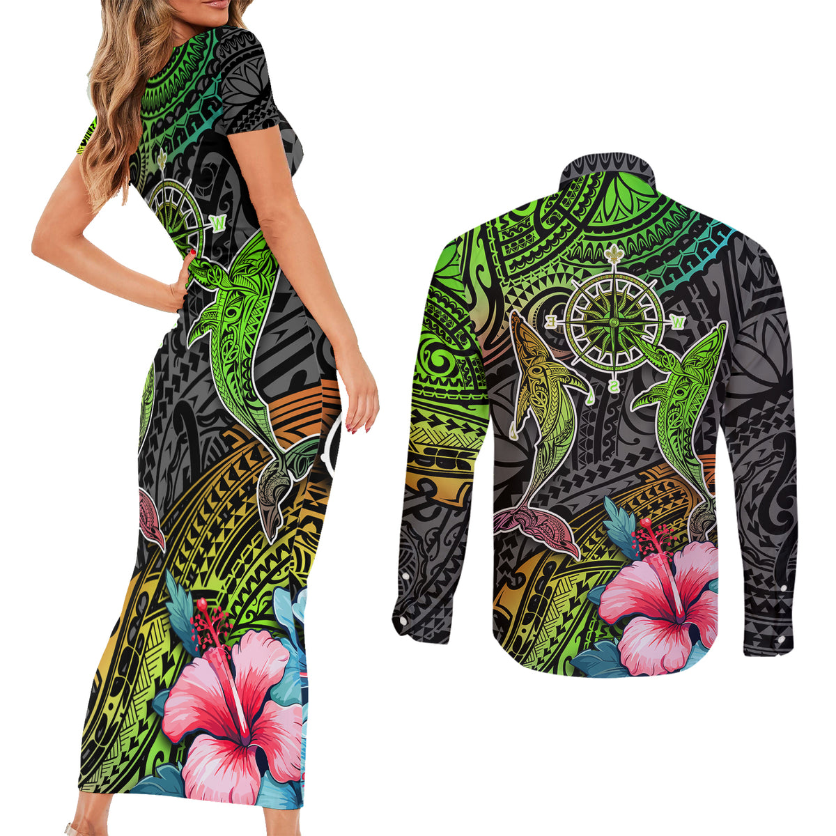 Polynesian Couples Matching Short Sleeve Bodycon Dress and Long Sleeve Button Shirts Whales and Compass Gradient Pattern TS04 - Polynesian Pride