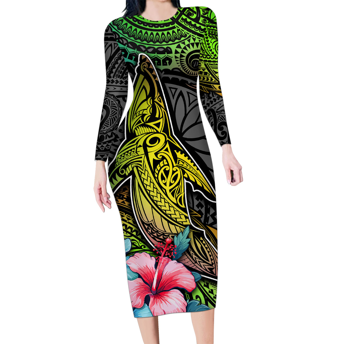 Polynesian Family Matching Long Sleeve Bodycon Dress and Hawaiian Shirt Whales and Compass Gradient Pattern TS04 Mom's Dress Gradient - Polynesian Pride