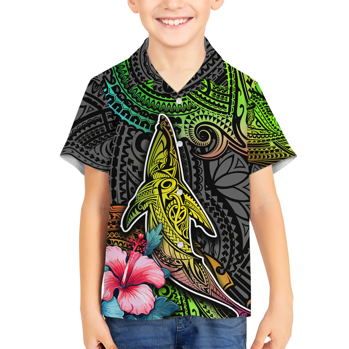 Polynesian Family Matching Off Shoulder Maxi Dress and Hawaiian Shirt Whales and Compass Gradient Pattern TS04 Son's Shirt Gradient - Polynesian Pride