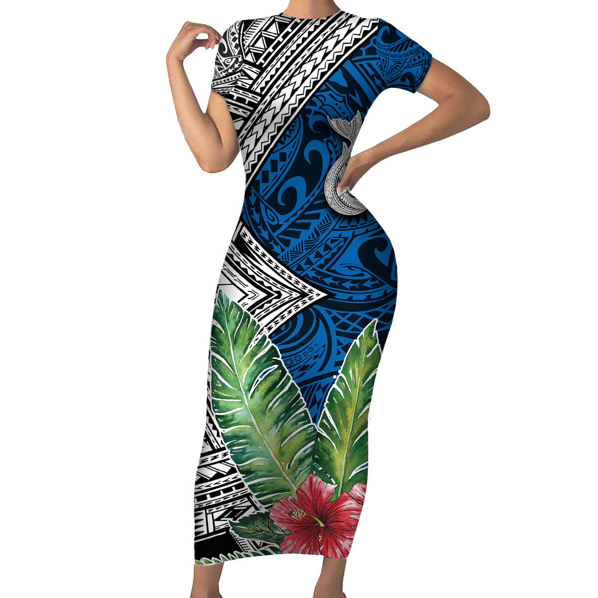 Polynesian Family Matching Short Sleeve Bodycon Dress and Hawaiian Shirt Whale Pattern and Hibiscus Flowers TS04 Mom's Dress Multicolor - Polynesian Pride