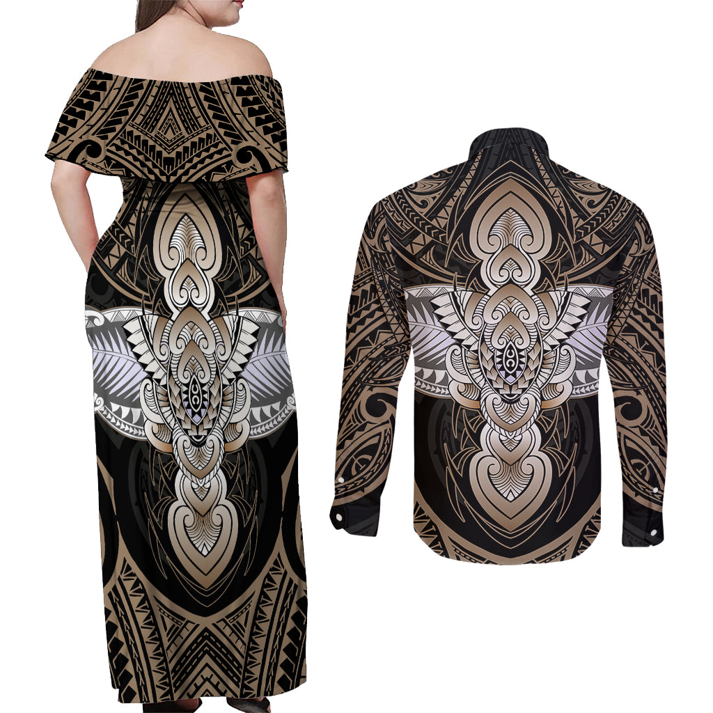 Polynesian Hawaii Tattoo Couples Matching Off Shoulder Maxi Dress and Long Sleeve Button Shirts TS04 - Polynesian Pride