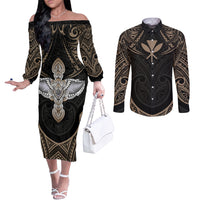 Polynesian Hawaii Tattoo Couples Matching Off The Shoulder Long Sleeve Dress and Long Sleeve Button Shirts TS04 Multicolor - Polynesian Pride