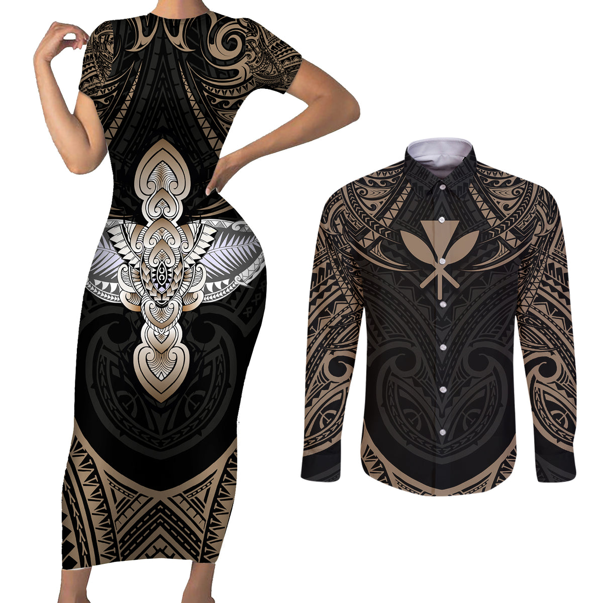 Polynesian Hawaii Tattoo Couples Matching Short Sleeve Bodycon Dress and Long Sleeve Button Shirts TS04 Multicolor - Polynesian Pride