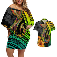 Hawaii Couples Matching Off Shoulder Short Dress and Hawaiian Shirt Polynesian Fish Hook and Hibiscus Flowers with Gradient Pattern TS04 Multicolor - Polynesian Pride