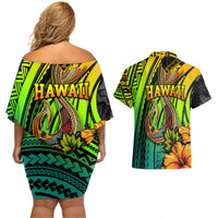 Hawaii Couples Matching Off Shoulder Short Dress and Hawaiian Shirt Polynesian Fish Hook and Hibiscus Flowers with Gradient Pattern TS04 - Polynesian Pride