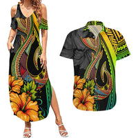 Hawaii Couples Matching Summer Maxi Dress and Hawaiian Shirt Polynesian Fish Hook and Hibiscus Flowers with Gradient Pattern TS04 Multicolor - Polynesian Pride