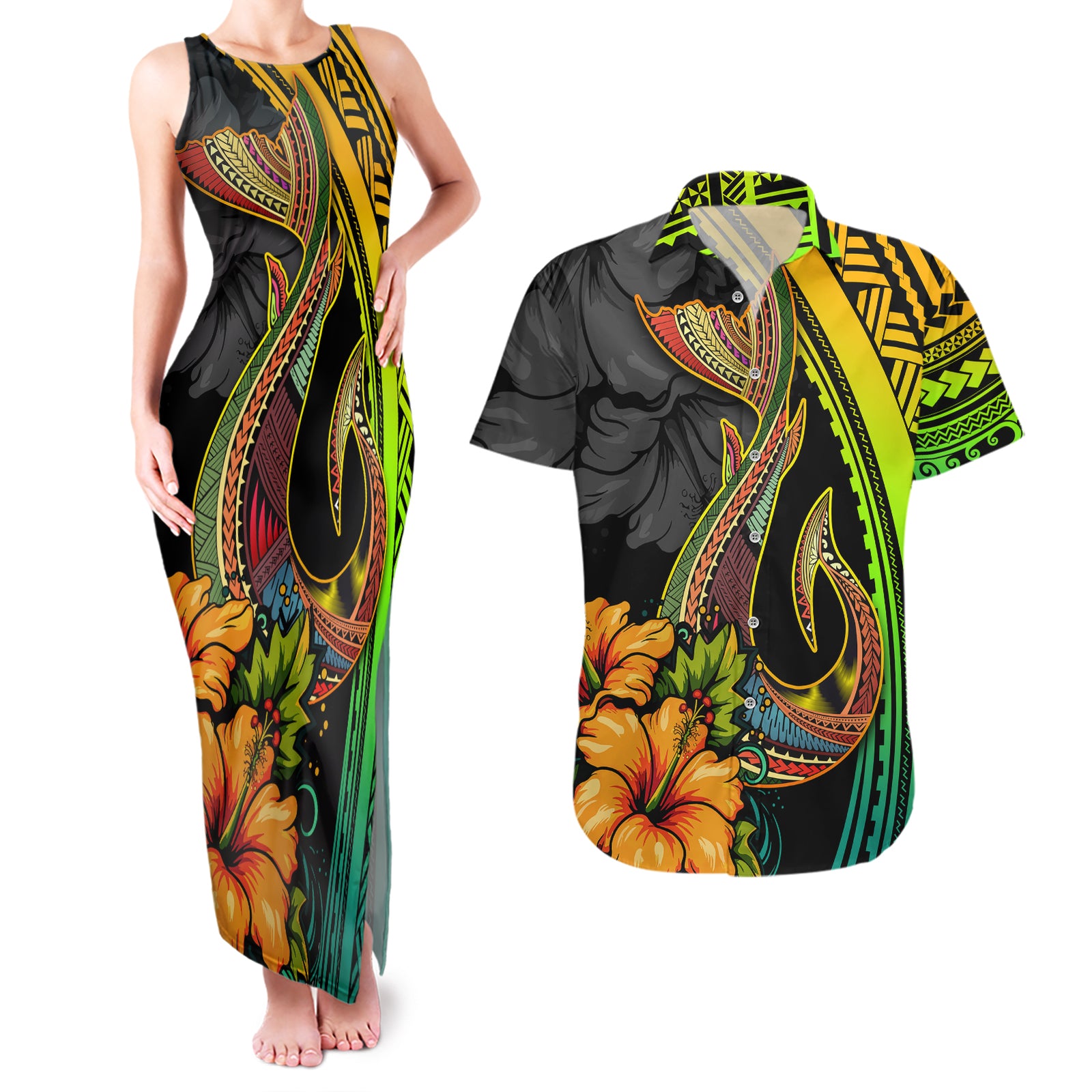 Hawaii Couples Matching Tank Maxi Dress and Hawaiian Shirt Polynesian Fish Hook and Hibiscus Flowers with Gradient Pattern TS04 Multicolor - Polynesian Pride