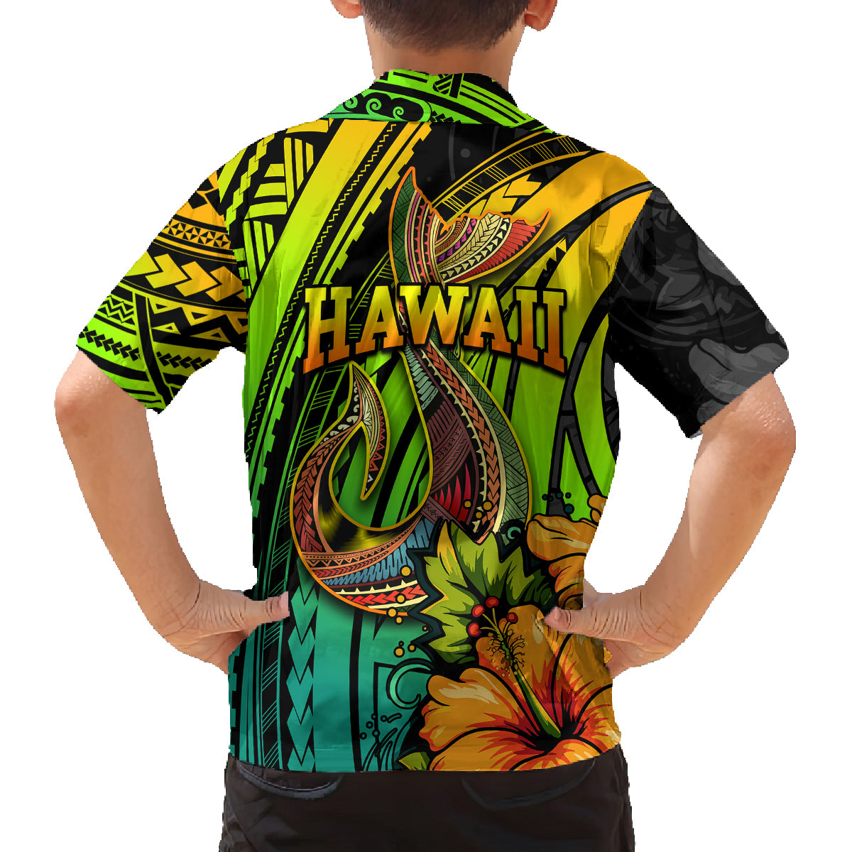 Hawaii Family Matching Off Shoulder Maxi Dress and Hawaiian Shirt Polynesian Fish Hook and Hibiscus Flowers with Gradient Pattern TS04 - Polynesian Pride