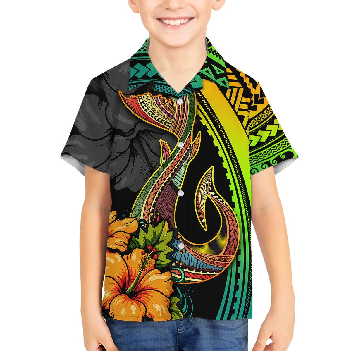 Hawaii Family Matching Off Shoulder Maxi Dress and Hawaiian Shirt Polynesian Fish Hook and Hibiscus Flowers with Gradient Pattern TS04 Son's Shirt Multicolor - Polynesian Pride