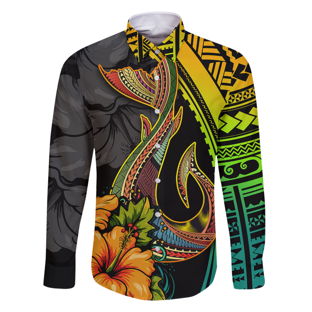 Hawaii Family Matching Short Sleeve Bodycon Dress and Hawaiian Shirt Polynesian Fish Hook and Hibiscus Flowers with Gradient Pattern TS04 Dad's Shirt - Long Sleeve Multicolor - Polynesian Pride