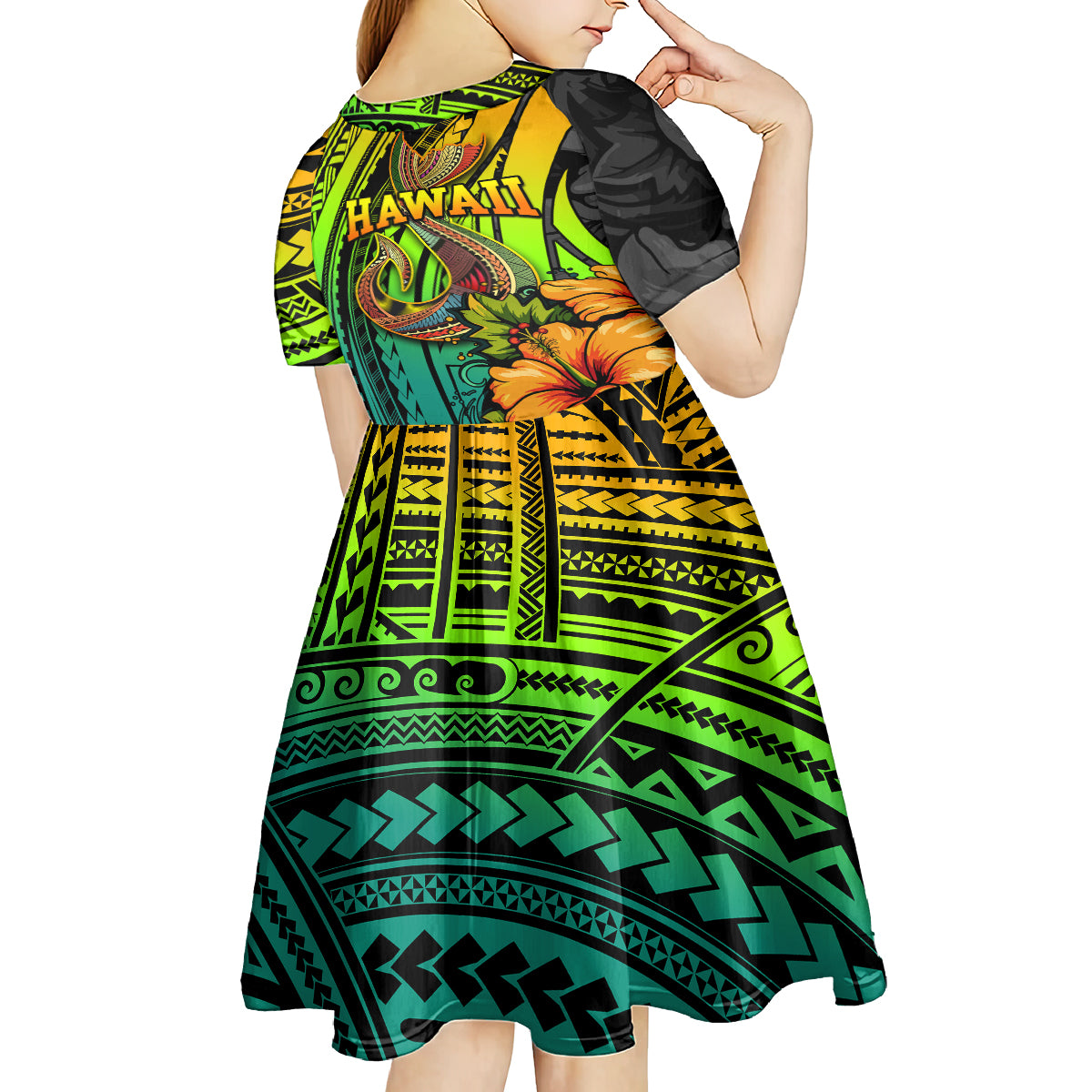 Hawaii Kid Short Sleeve Dress Polynesian Fish Hook and Hibiscus Flowers with Gradient Pattern TS04 - Polynesian Pride