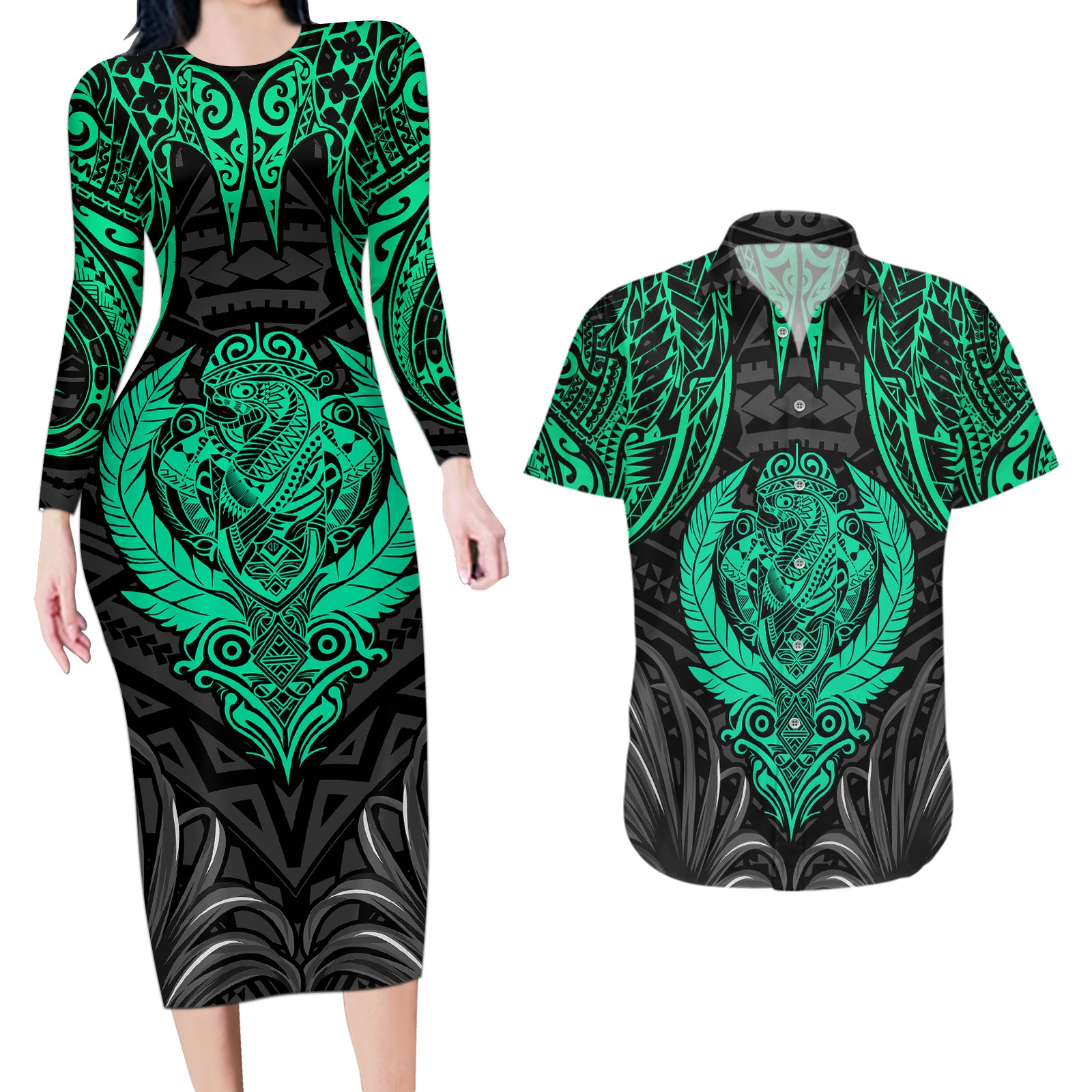 Polynesian Couples Matching Long Sleeve Bodycon Dress and Hawaiian Shirt Abstract Tiki TS04 Black/Yellow - Polynesian Pride