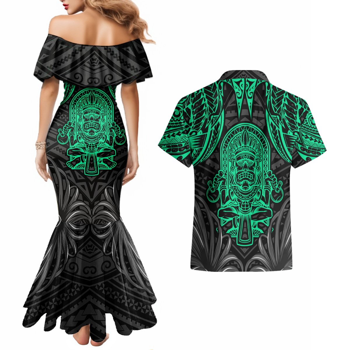 Polynesian Couples Matching Mermaid Dress and Hawaiian Shirt Abstract Tiki TS04 - Polynesian Pride