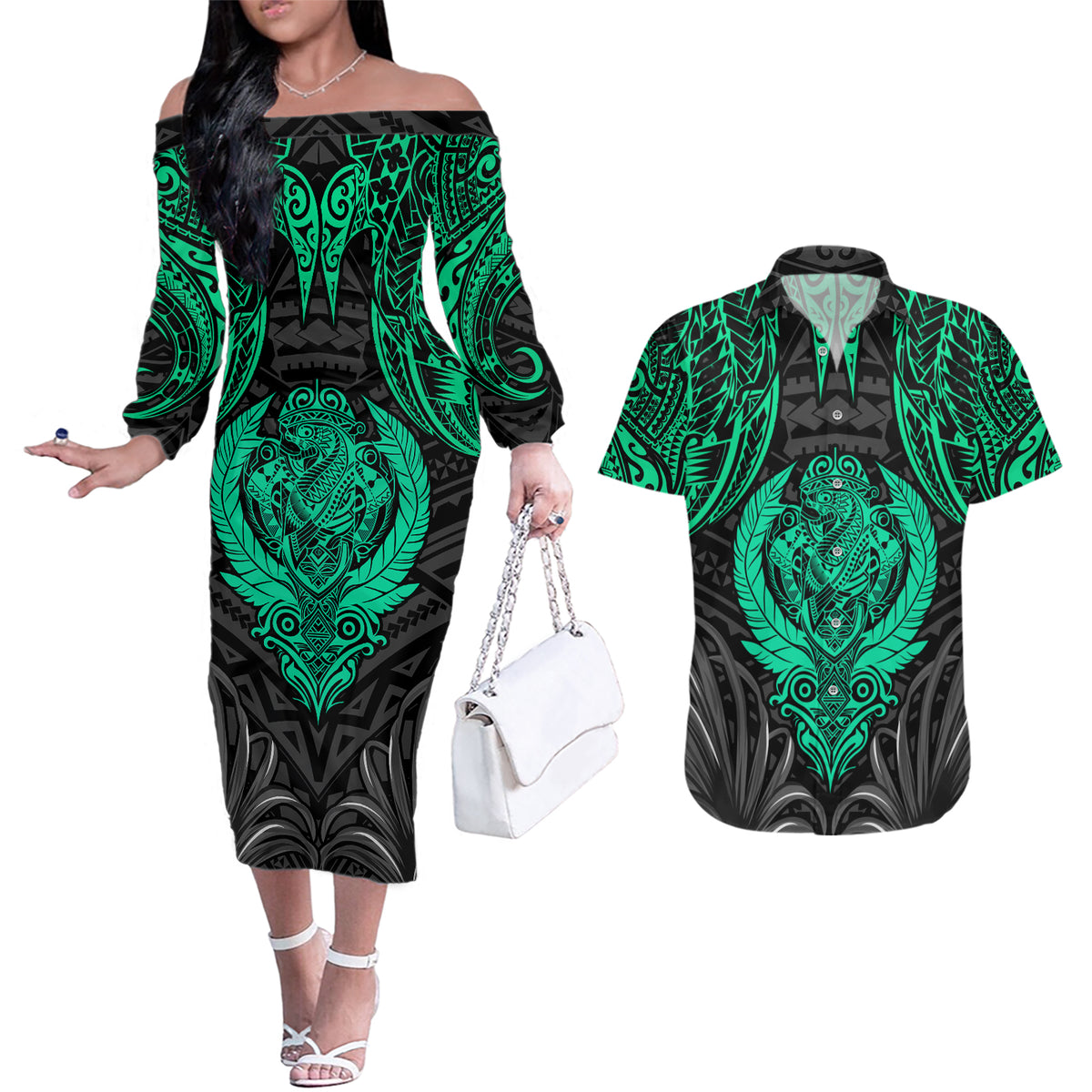 Polynesian Couples Matching Off The Shoulder Long Sleeve Dress and Hawaiian Shirt Abstract Tiki TS04 Black/Yellow - Polynesian Pride