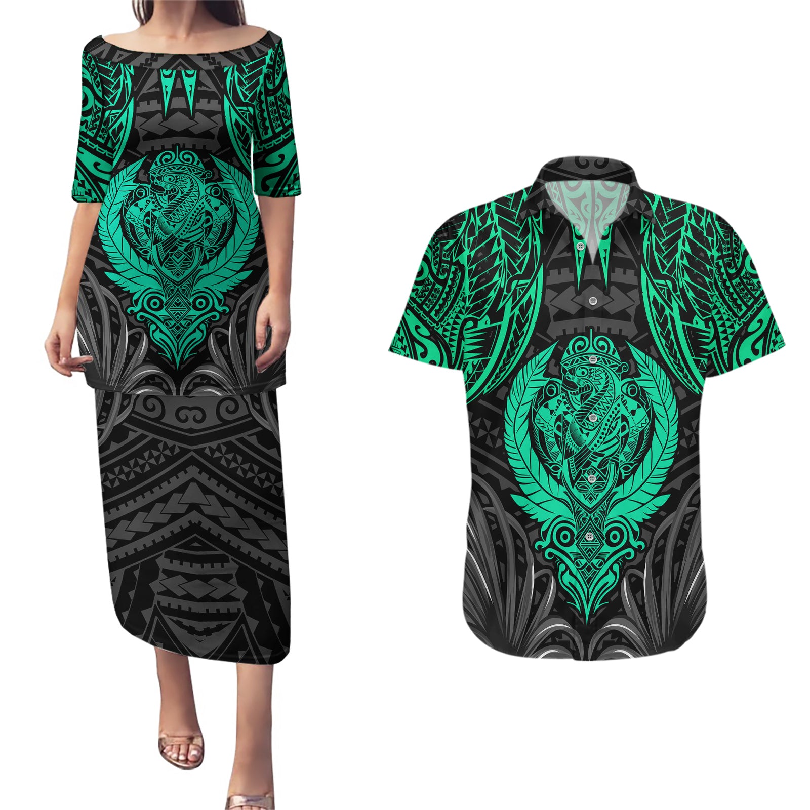 Polynesian Couples Matching Puletasi Dress and Hawaiian Shirt Abstract Tiki TS04 Black/Yellow - Polynesian Pride