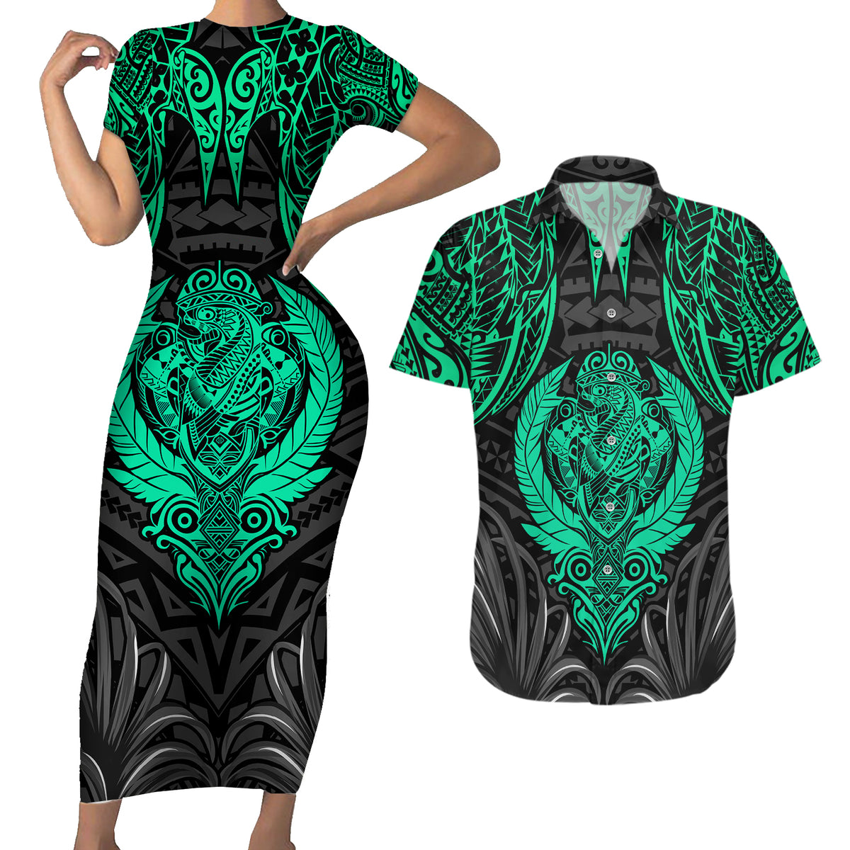 Polynesian Couples Matching Short Sleeve Bodycon Dress and Hawaiian Shirt Abstract Tiki TS04 Black/Yellow - Polynesian Pride