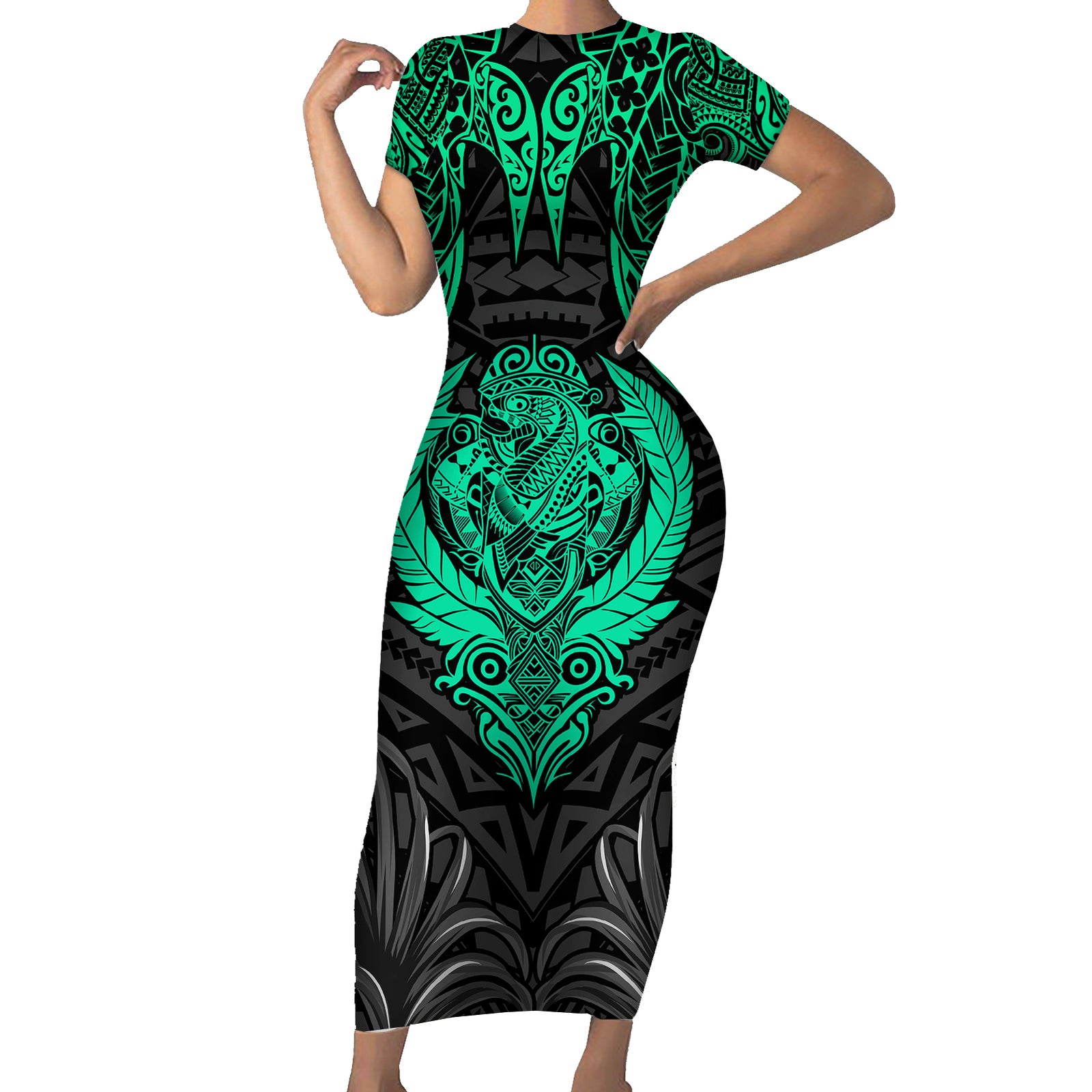Polynesian Short Sleeve Bodycon Dress Abstract Tiki TS04 Long Dress Black Yellow - Polynesian Pride