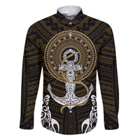 Polynesian Swordfish Family Matching Off Shoulder Maxi Dress and Hawaiian Shirt with Anchor Pattern and Tribal Turtle TS04 Dad's Shirt - Long Sleeve Multicolor - Polynesian Pride