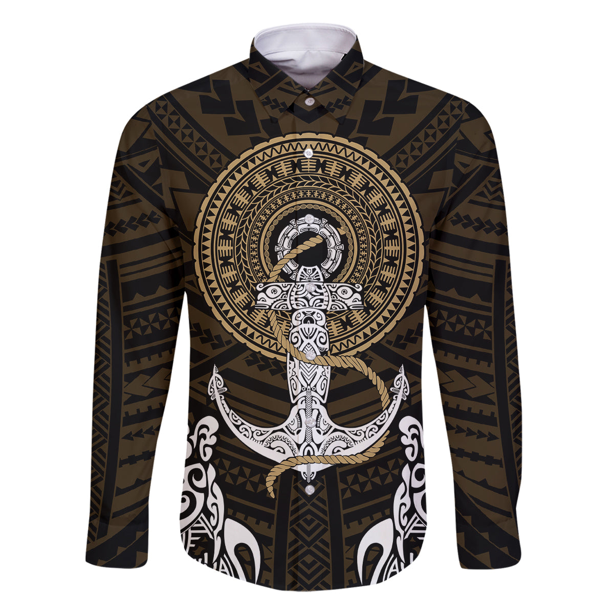 Polynesian Swordfish Family Matching Tank Maxi Dress and Hawaiian Shirt with Anchor Pattern and Tribal Turtle TS04 Dad's Shirt - Long Sleeve Multicolor - Polynesian Pride
