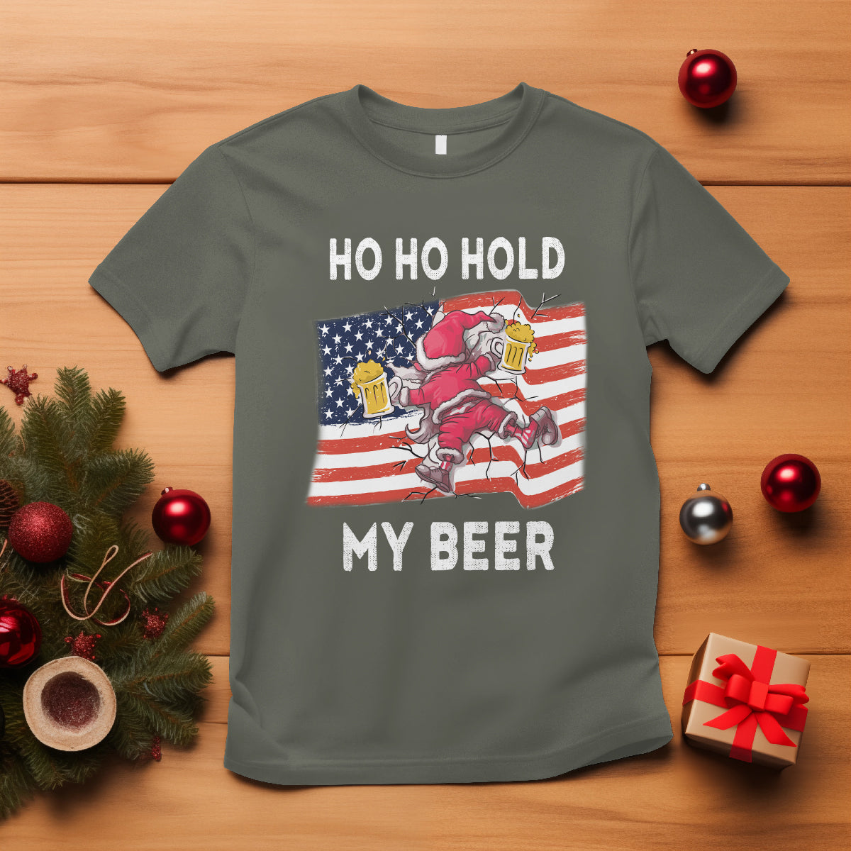 Christmas In Hawaii T Shirt Ho Ho Hold My Beer Drunk Santa USA Flag TS09 Military Green - Polynesian Pride
