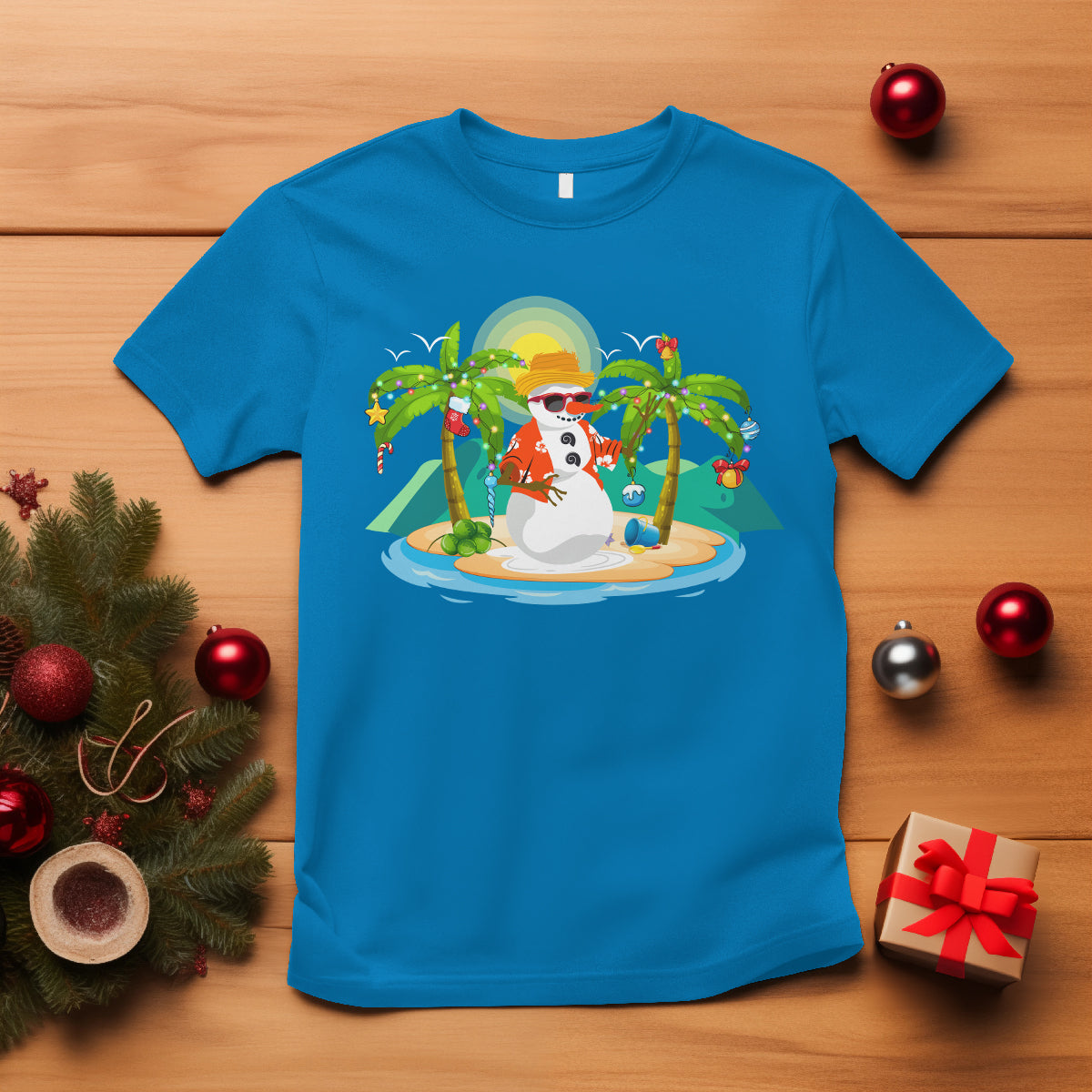 Christmas In Hawaii T Shirt Hawaiian Snowman Xmas Palm Tree At The Beach TS09 Sapphire - Polynesian Pride