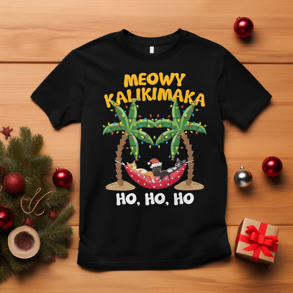 Christmas In Hawaii T Shirt Meowy Kalikimaka Cat Chillin' Ho Ho Ho Xmas Palm Tree TS09 Black - Polynesian Pride