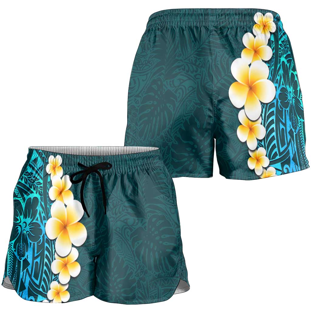 Turquosie Polynesia Shorts for Women Plumeria Tropical Leaves With Galaxy Polynesian Art - Polynesian Pride