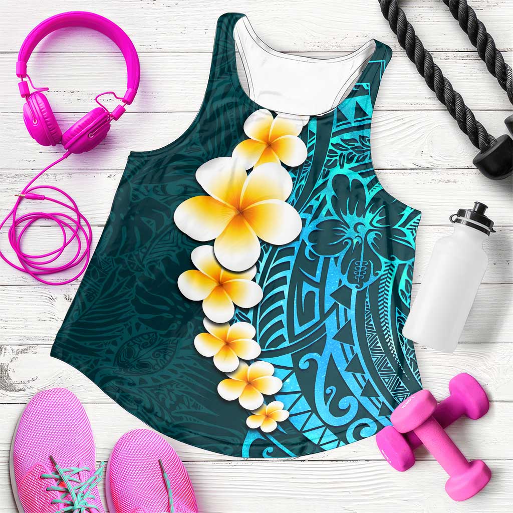Turquosie Polynesia Women Racerback Tank Plumeria Tropical Leaves With Galaxy Polynesian Art LT14 Turquosie - Polynesian Pride