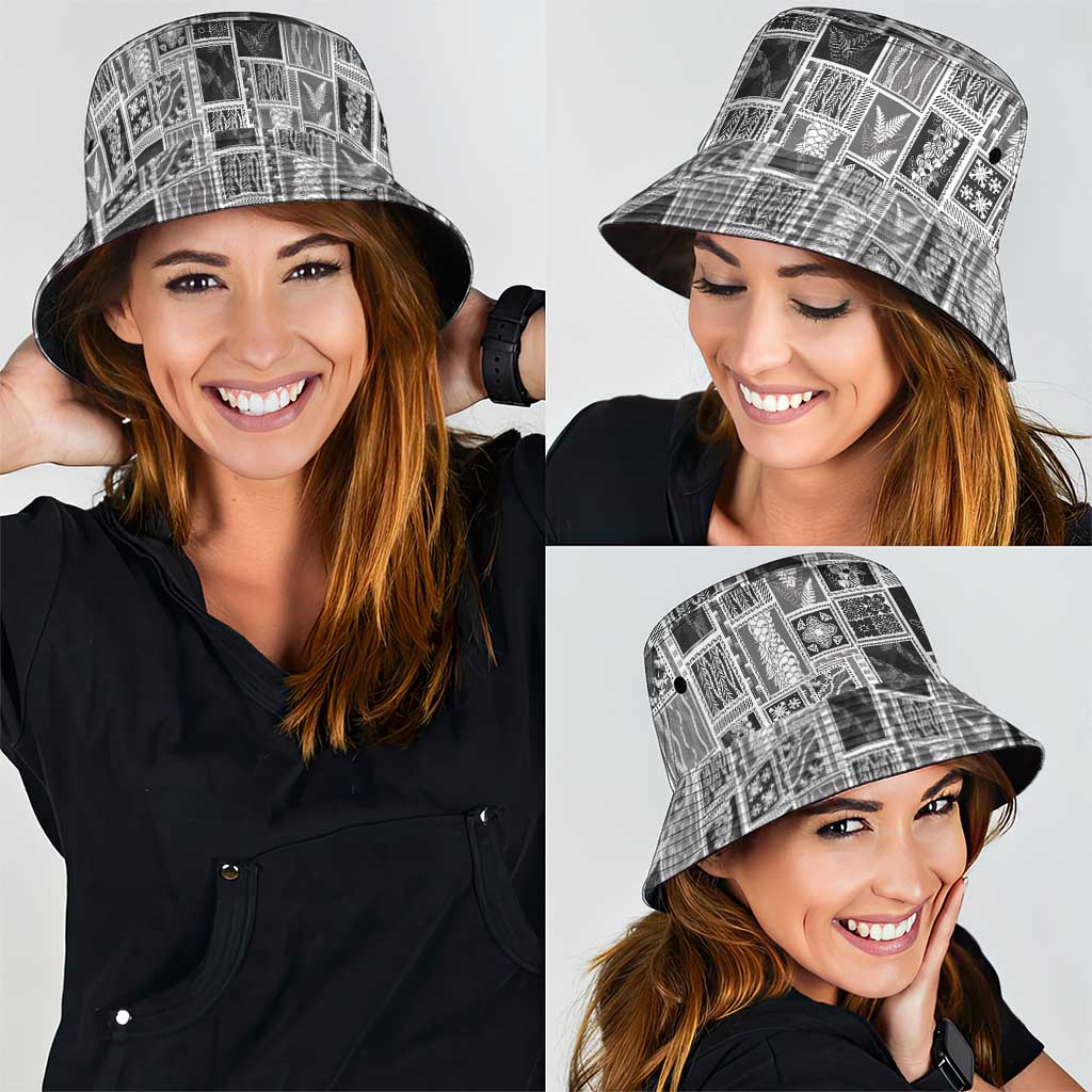 Vintage Aloha Block Quilt Bucket Hat Black Inspired Lei Motifs - Polynesian Pride