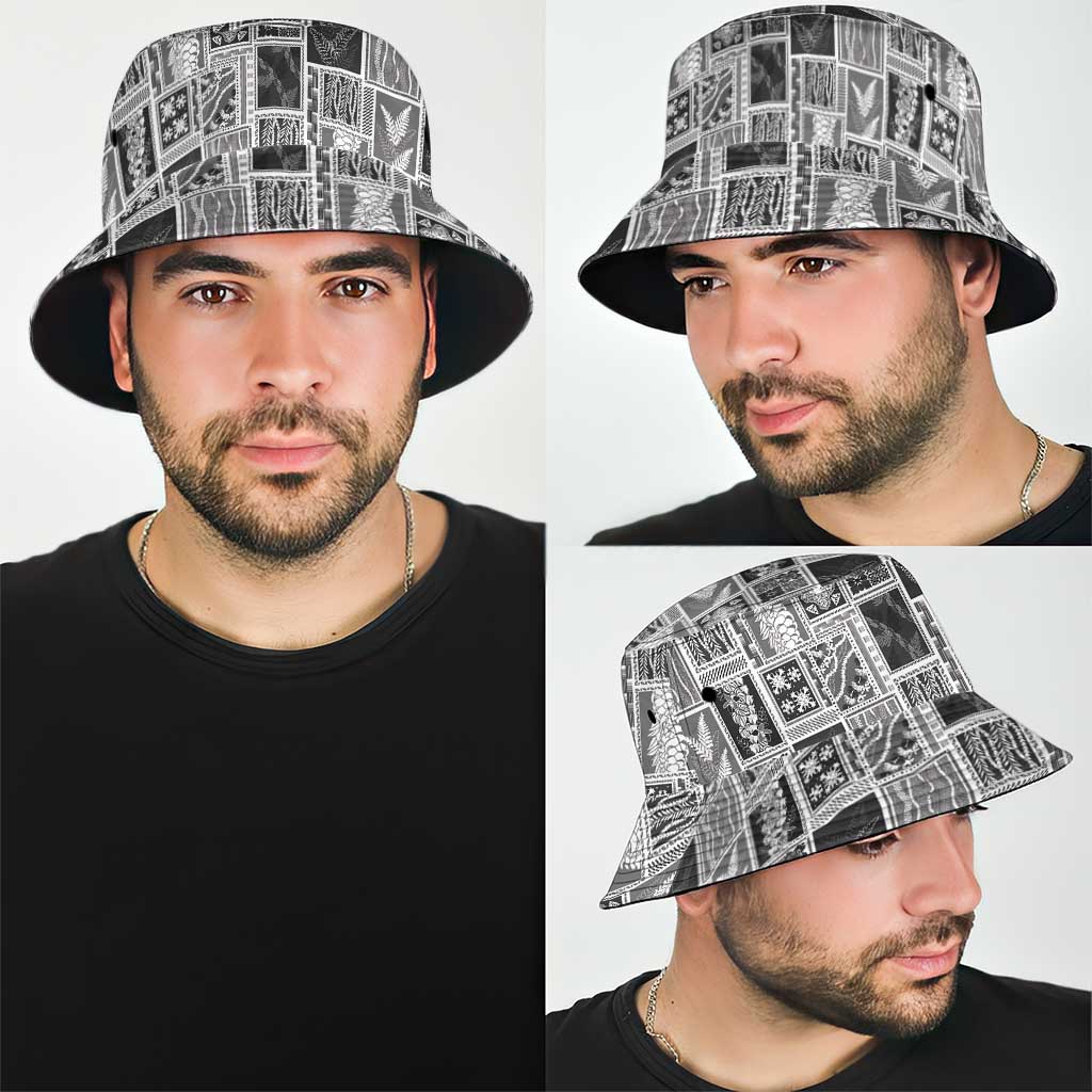 Vintage Aloha Block Quilt Bucket Hat Black Inspired Lei Motifs - Polynesian Pride