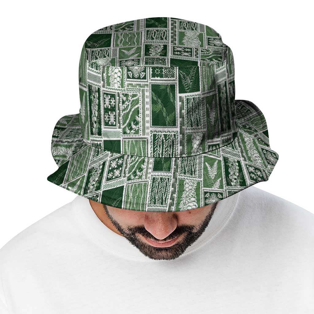Vintage Aloha Block Quilt Bucket Hat Green Inspired Lei Motifs - Polynesian Pride