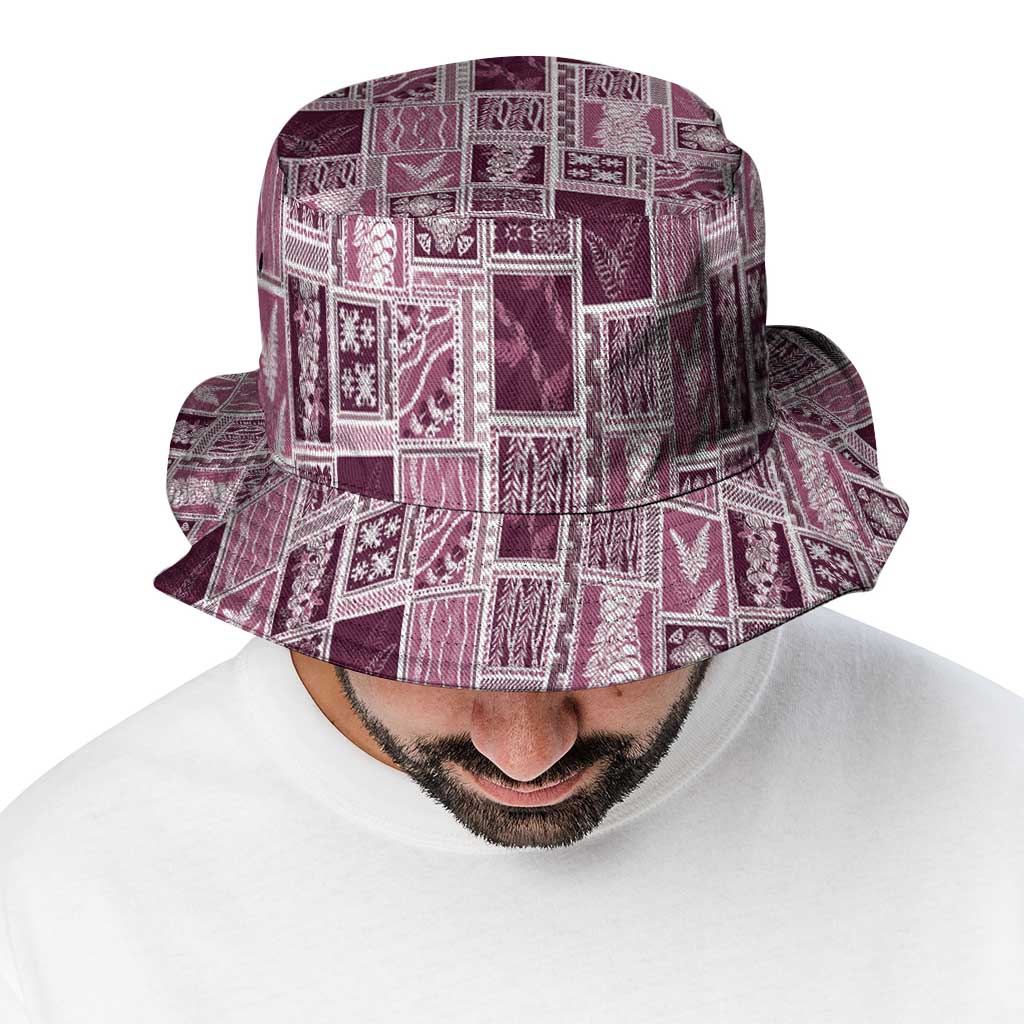 Vintage Aloha Block Quilt Bucket Hat Pink Inspired Lei Motifs - Polynesian Pride